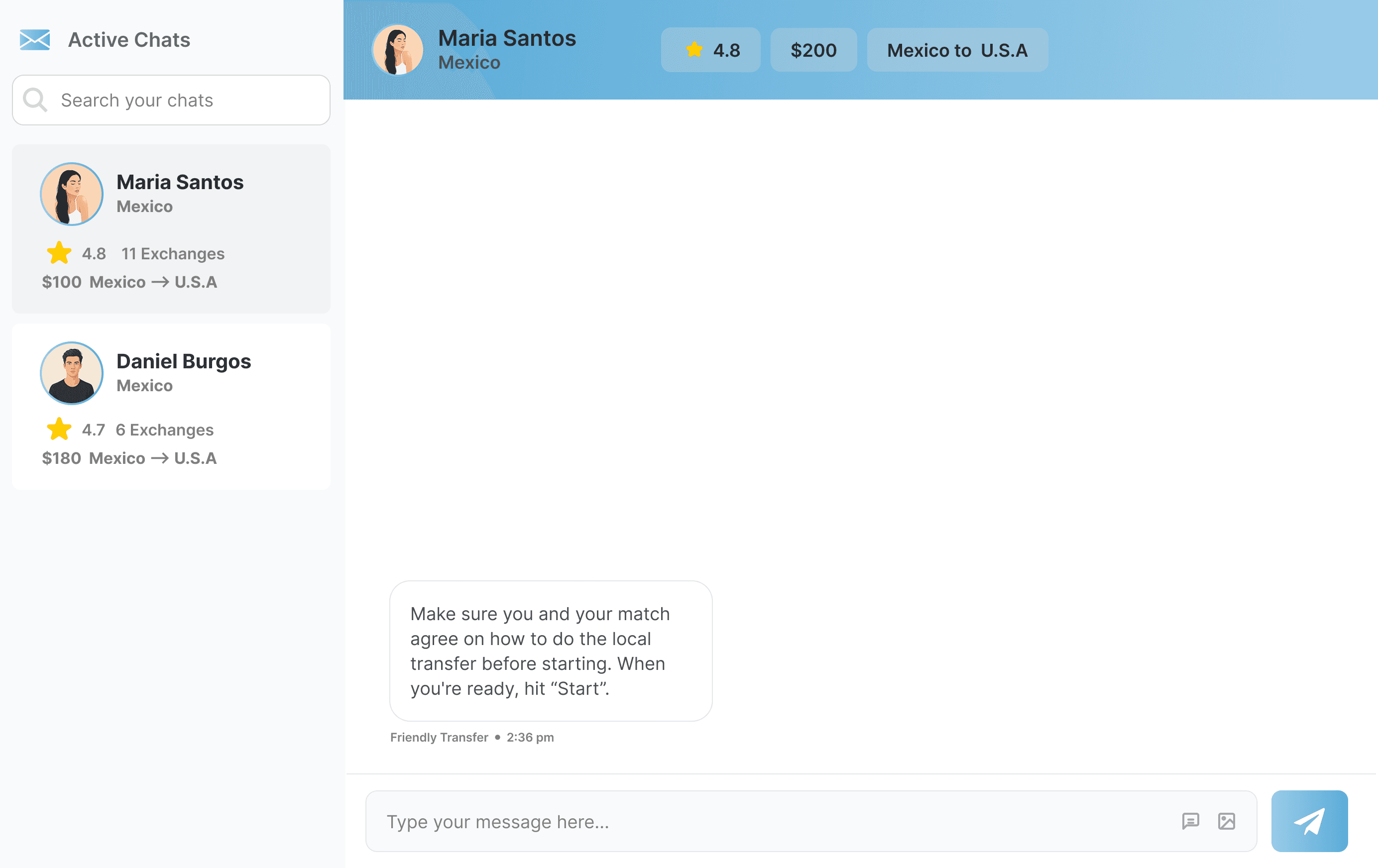 Empty state with instructions for starting an exchange