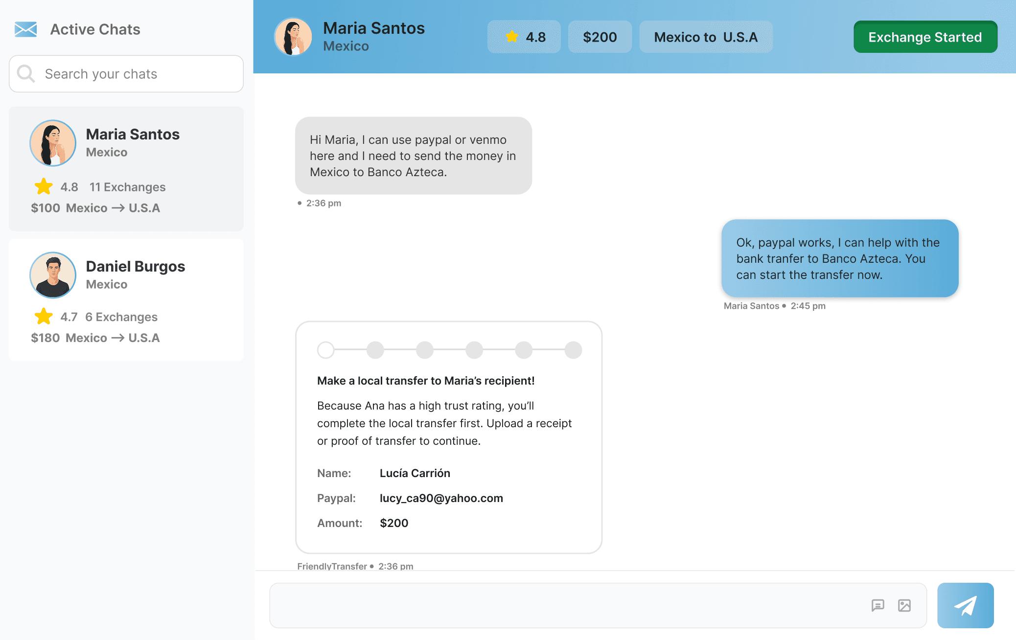 High-fidelity prototype showing transaction interface with FriendlyTransfer color palette