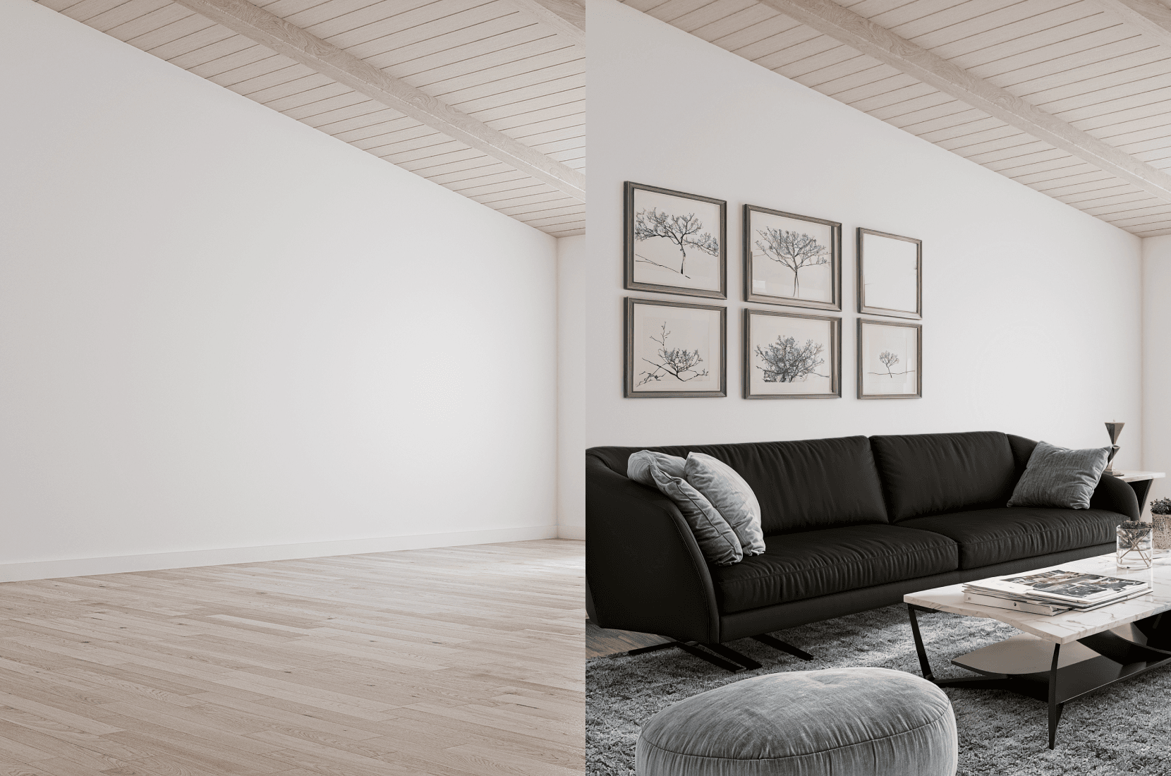 Comparison of empty room versus same room furnished through AR